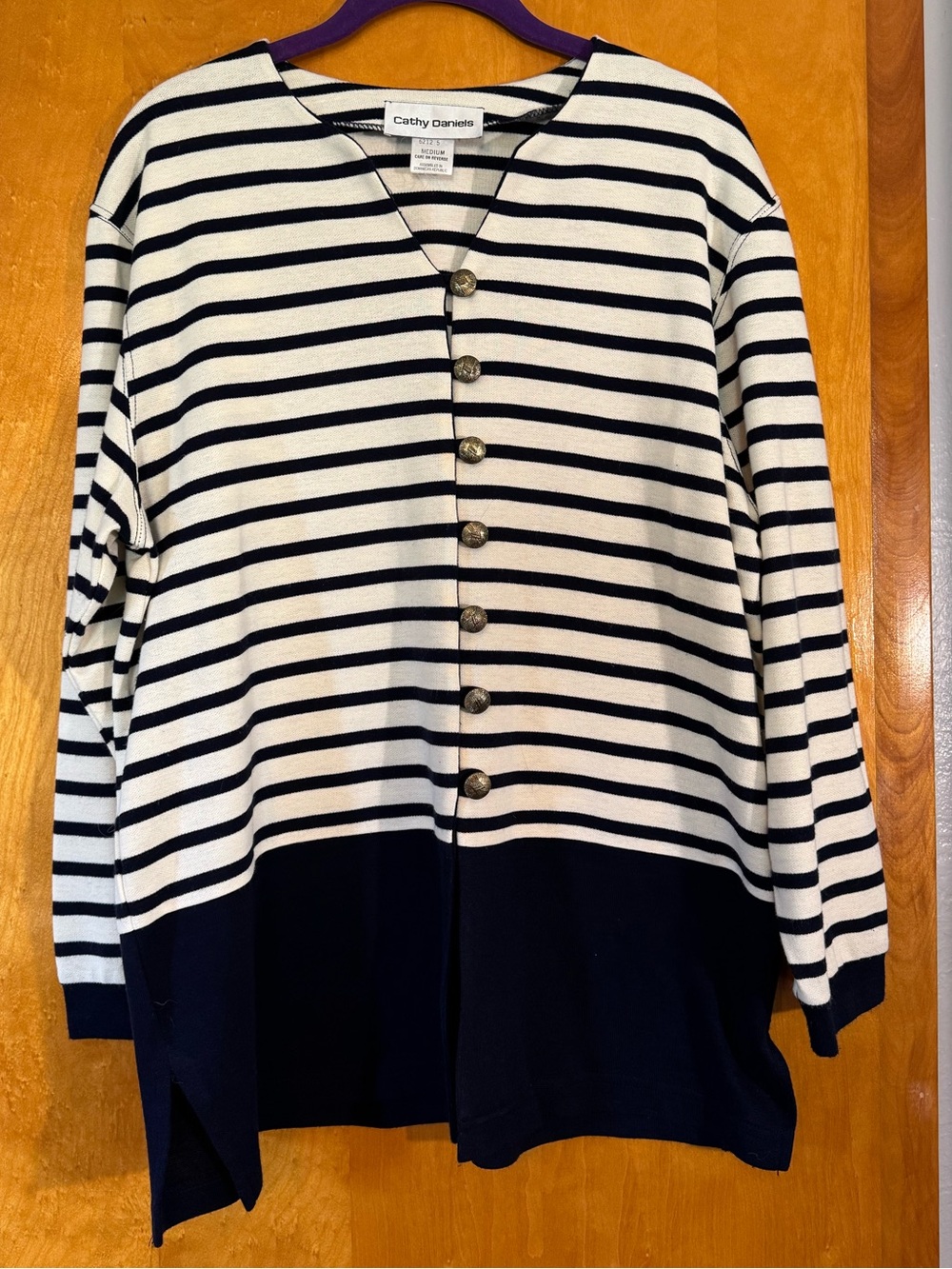Cathy Daniels Navy and White Striped Button Front Cardigan